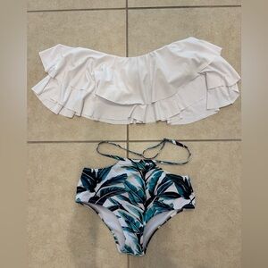 White Ruffle Bikini Top and Leaf Print Bottom